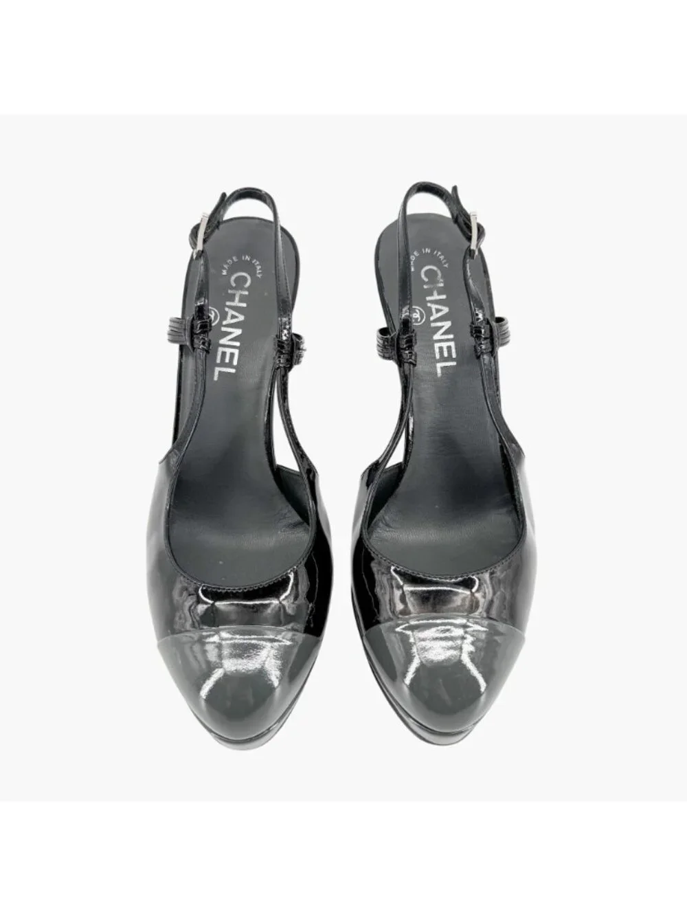 Chanel Cap Toe Slingback Pump Size 38.5 US 7.5-8 Black Patent Platform High Heel
